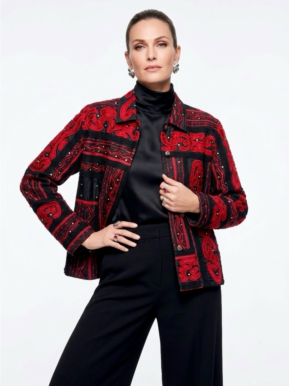CHICO’S Red Velvet & Black Embroidered Beaded Jacket — #LHP